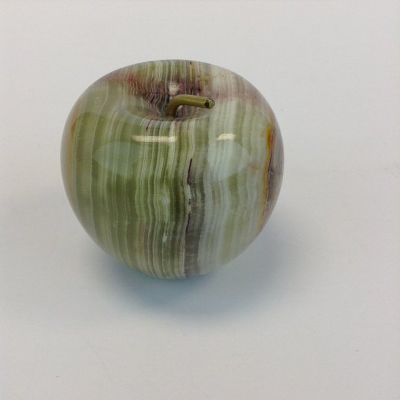 Vintage Hand Carved Polished Onyx Stone Marble Apple Paperweight Brass Stem - Picture 3 of 10